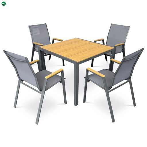 Kerti asztal 90x90x73 cm., polywood asztallap tölgy dekorral, szürke fém szerkezettel