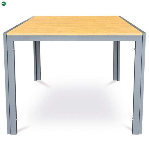Kerti asztal 90x90x73 cm., polywood asztallap tölgy dekorral, szürke fém szerkezettel