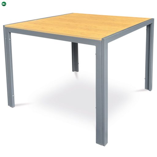 Kerti asztal 90x90x73 cm., polywood asztallap tölgy dekorral, szürke fém szerkezettel