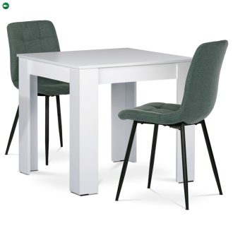   Étkezőgarnitúra 1+2, asztal 80x80 cm, fehér MDF, székek zöld szövet kárpittal