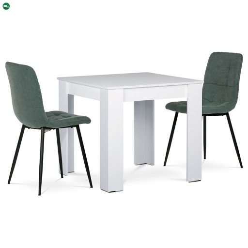 Étkezőgarnitúra 1+2, asztal 80x80 cm, fehér MDF, székek zöld szövet kárpittal