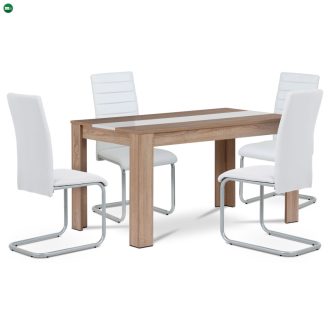   Étkezőgarnitúra 1+4, asztal 138x80 cm, MDF sonoma tölgy, székek fehér eco-bőr kárpittal