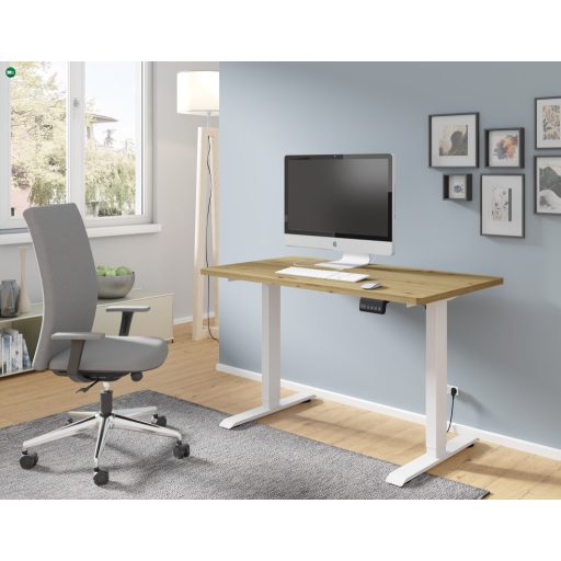 BIMotion iroda/gamer asztal, elektromosan állítható magasság, okos kontroller, artisan tölgy színben, fehér lábakkal 120x65