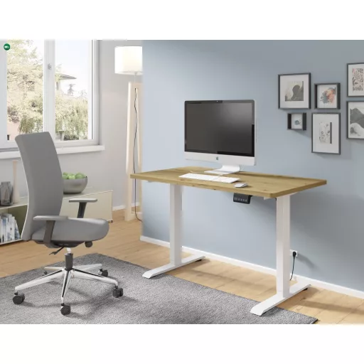 BIMotion iroda-/gamerasztal, elektromosan állítható magassággal, intelligens vezérlővel, artisan tölgy színben, fehér lábakkal 120x65