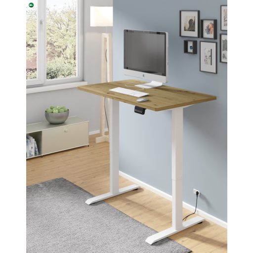 BIMotion iroda/gamer asztal, elektromosan állítható magasság, okos kontroller, artisan tölgy színben, fehér lábakkal 120x65