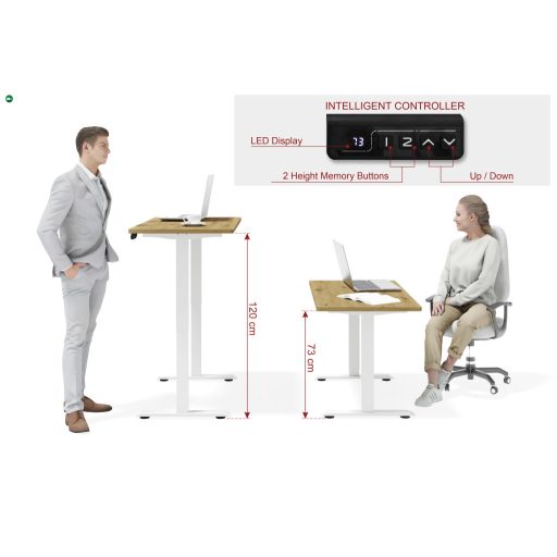 BIMotion iroda/gamer asztal, elektromosan állítható magasság, okos kontroller, artisan tölgy színben, fehér lábakkal 120x65