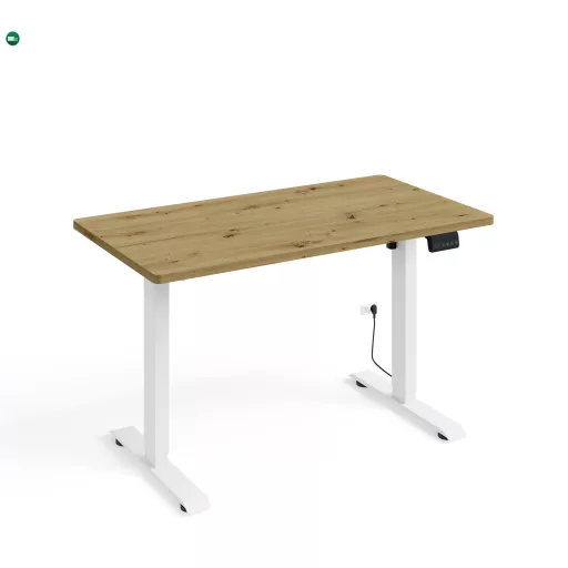 BIMotion iroda-/gamerasztal, elektromosan állítható magassággal, intelligens vezérlővel, artisan tölgy színben, fehér lábakkal 120x65