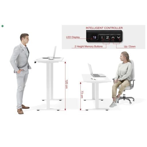BIMotion iroda/gamer asztal, elektromosan állítható magasság, okos kontroller, matt fehér színben, 120x65