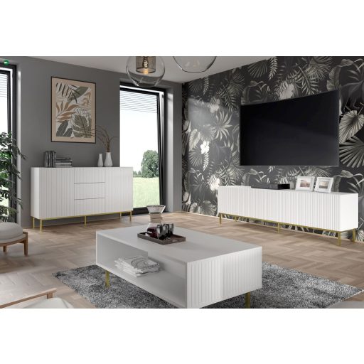 RAVENNA TV ÁLLVÁNY 150 CM, MATT FEHÉR, ARANY LÁBAKKAL RAVENNA B TV STAND 3D