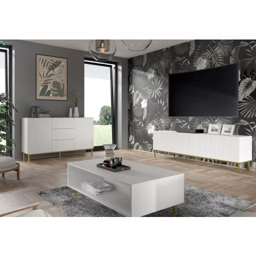 RAVENNA TV ÁLLVÁNY 150 CM, MATT FEHÉR, ARANY LÁBAKKAL RAVENNA B TV STAND 3D