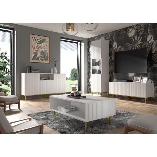RAVENNA TV ÁLLVÁNY 150 CM, MATT FEHÉR, ARANY LÁBAKKAL RAVENNA B TV STAND 3D