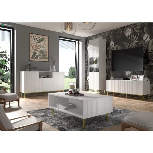 RAVENNA TV ÁLLVÁNY 150 CM, MATT FEHÉR, ARANY LÁBAKKAL RAVENNA B TV STAND 3D