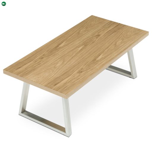 Modern Dohányzóasztal 120x60cm, MDF lap, tölgy árnyékoló furnér, fém lábak, szálcsiszolt rozsdamentes acél.
