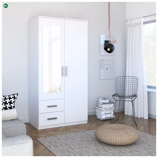 Kétajtós Tükrös Gardróbszekrény Fehér Színben. TAMINA 100 cm.