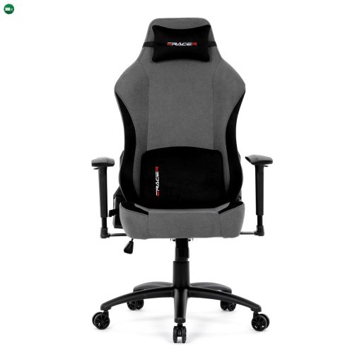 Gamer forgószék, szürke szövet, hintaszerkezet, háttámla pozicionálása 90°-180°, 3D kartámaszok, memóriahab és párnák