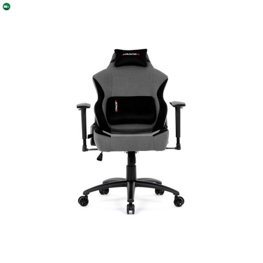 Gamer forgószék, szürke szövet, hintaszerkezet, háttámla pozicionálása 90°-180°, 3D kartámaszok, memóriahab és párnák