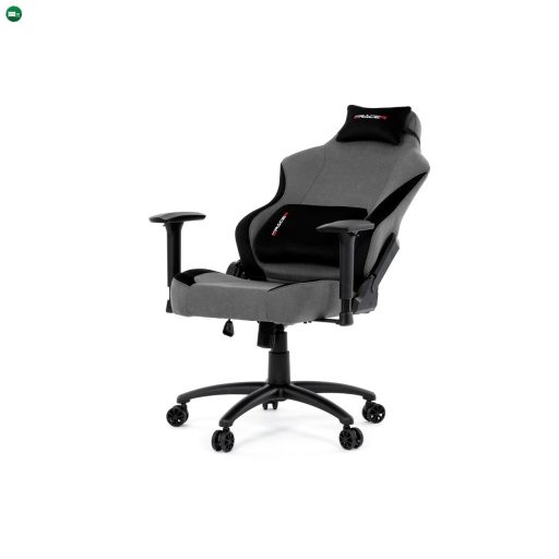 Gamer forgószék, szürke szövet, hintaszerkezet, háttámla pozicionálása 90°-180°, 3D kartámaszok, memóriahab és párnák
