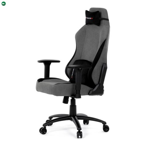 Gamer forgószék, szürke szövet, hintaszerkezet, háttámla pozicionálása 90°-180°, 3D kartámaszok, memóriahab és párnák