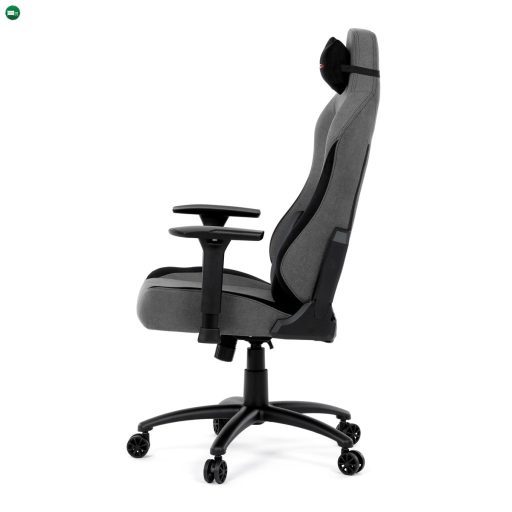Gamer forgószék, szürke szövet, hintaszerkezet, háttámla pozicionálása 90°-180°, 3D kartámaszok, memóriahab és párnák