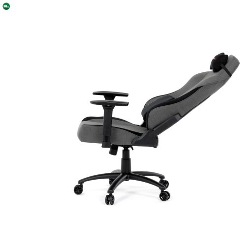 Gamer forgószék, szürke szövet, hintaszerkezet, háttámla pozicionálása 90°-180°, 3D kartámaszok, memóriahab és párnák