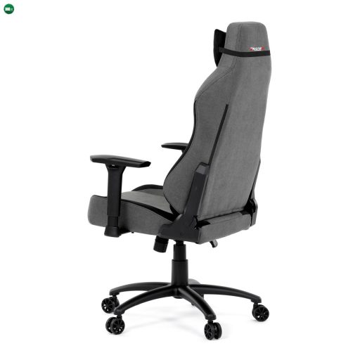 Gamer forgószék, szürke szövet, hintaszerkezet, háttámla pozicionálása 90°-180°, 3D kartámaszok, memóriahab és párnák