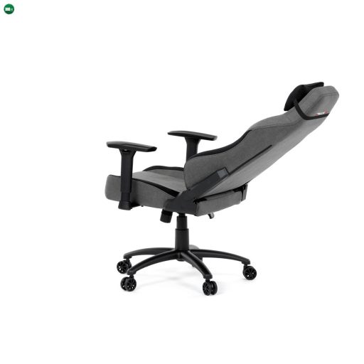 Gamer forgószék, szürke szövet, hintaszerkezet, háttámla pozicionálása 90°-180°, 3D kartámaszok, memóriahab és párnák