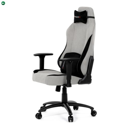 Gamer forgószék, ezüst szövet, hintaszerkezet, 90°-180°-os háttámla pozicionálás, 3D karfák, memóriahab párnák