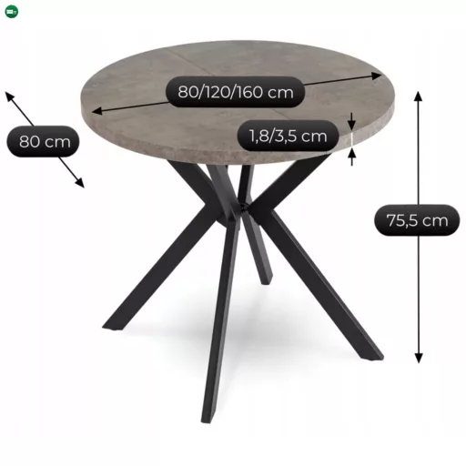 Kihúzható étkezőasztal 80–160 cm méretben, beton/fekete színben DORIAN