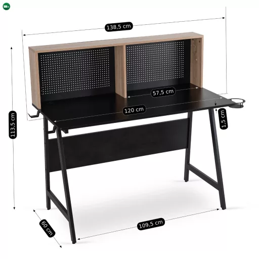 ICE gamer íróasztal 138,5 cm, fekete/sonoma tölgy