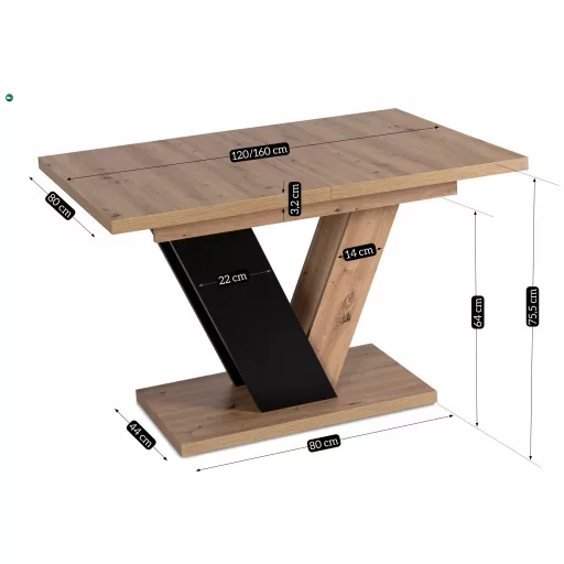 Bővíthető étkezőasztal 120–160 cm Artisan tölgy / fekete színkombinációban – CLARK