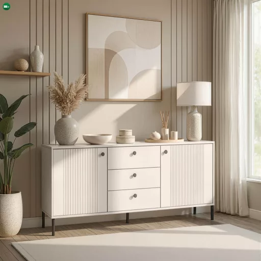 Kétajtós komód fiókokkal 154 cm kasmír színben bordázott fronttal – SOFT