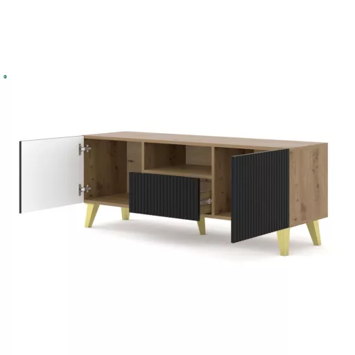 RAVENNA TV ÁLLVÁNY 150 CM, MATT FEKETE AJTÓKKAL, ARTISAN TÖLGY SZÍNŰ TEST, 2D1S