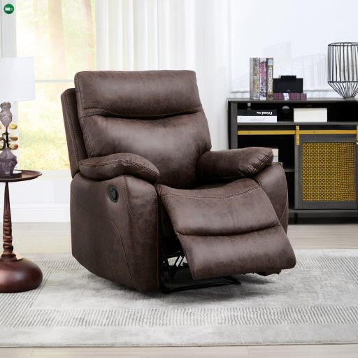 TV és relaxációs Fotel kézi vezérléssel, barna szövettel borítva, vintage dekorációval