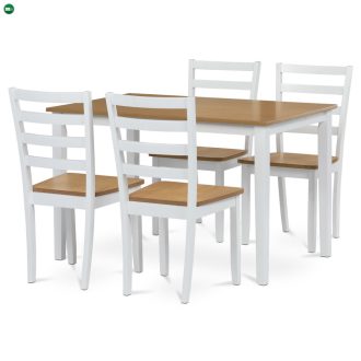   Étkezőgarnitúra 1 asztal + 4 szék, asztalméret 120x75x75 cm, MDF, furnér, tömör lábak, tölgyfa/fehér színben