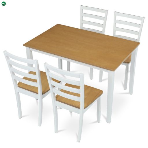 Étkezőgarnitúra 1 asztal + 4 szék, asztalméret 120x75x75 cm, MDF, furnér, tömör lábak, tölgyfa/fehér színben