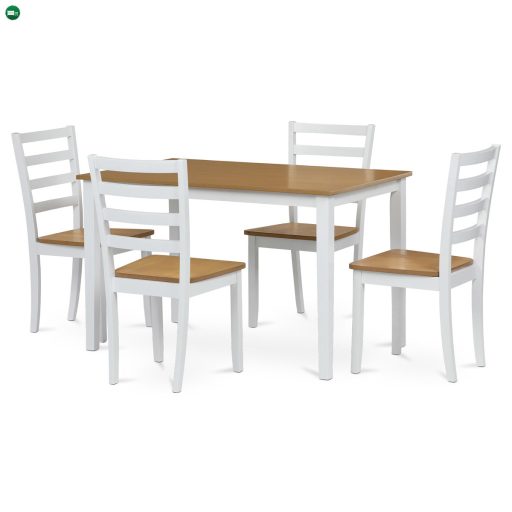 Étkezőgarnitúra 1 asztal + 4 szék, asztalméret 120x75x75 cm, MDF, furnér, tömör lábak, tölgyfa/fehér színben