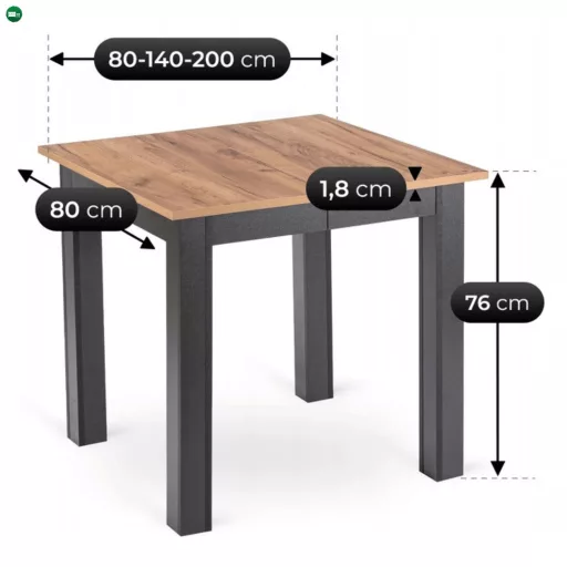 Kihúzható étkezőasztal 80–200 cm méretben, craft tölgy/fekete színben BEN