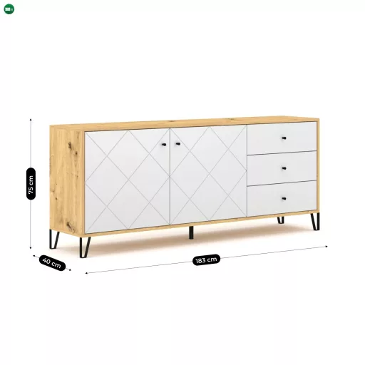 Komód 183 cm, artisan tölgy/fehér színkombinációban BACARDI