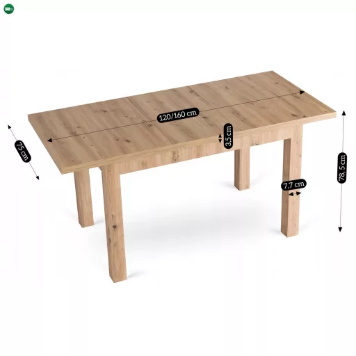 Kihúzható étkezőasztal 120–160 cm méretben, artisan tölgy színben SKUBI