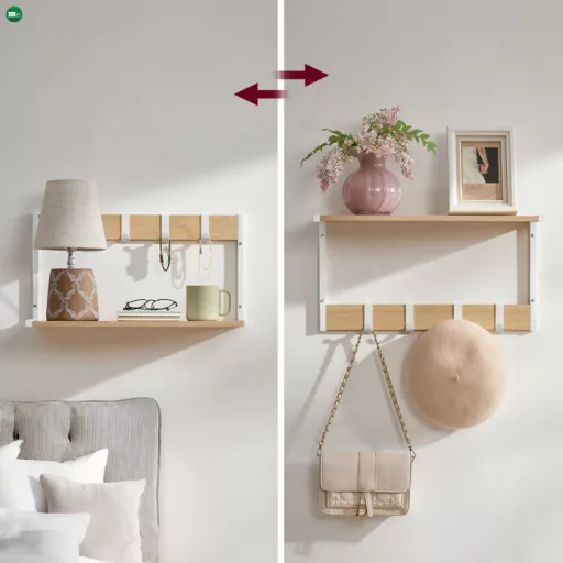 2 db fali polc szett, MDF + fém, tölgy/fehér színben, 50×24×27 cm – ABP-E1083 WT