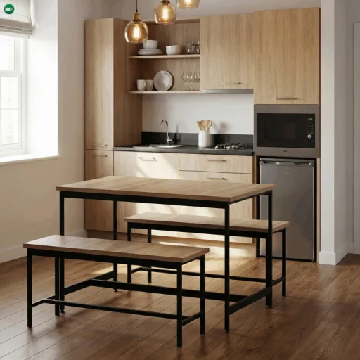 Étkezőgarnitúra 2 paddal, 110x60x75 cm méretben, MDF kivitelben, tölgy színben AUT-G1175 OAK