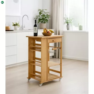   DR-046 Gurulós Tároló Állvány Tömör Bambuszból Természetes Színben