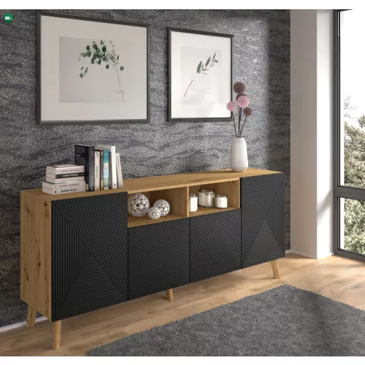 4 Ajtós Komód Kézműves Tölgy Színben Fekete Fronttal Luxi 195 Komód