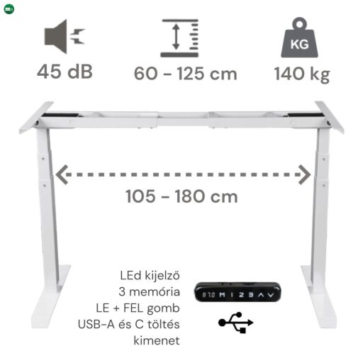 Elektromosan Állítható Magasságú Asztalbázis, 60-125 cm, 3 Memóriás, 3 Láb Szegmens, USB, FEHÉR Íróasztal Váz, Emelhető Asztalláb - Asztallap Nélkül!