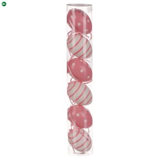   HÚSVÉTI DEKORÁCIÓ FÜGGESZTHETŐ MŰANYAG TOJÁSOK, PINK/FEHÉR SZÍNBEN, CSÍKOS/PETTYES MINTA, 6 DB/CSOMAG