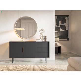   VIVA VI02 komód 2 ajtóval és 3 fiókkal, 154 cm – fekete / fényes fekete / arany fogantyúk