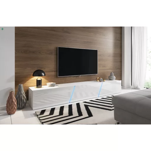 TV szekrény 240 cm fehér / fehér magasfény színkombinációban RGB LED világítással – SLANT