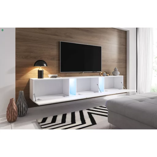 TV szekrény 240 cm fehér / fehér magasfény színkombinációban RGB LED világítással – SLANT